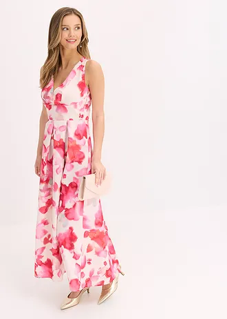 Rochie maxi din satin lucios • alb/roșu deschis cu flori • magazin bonprix