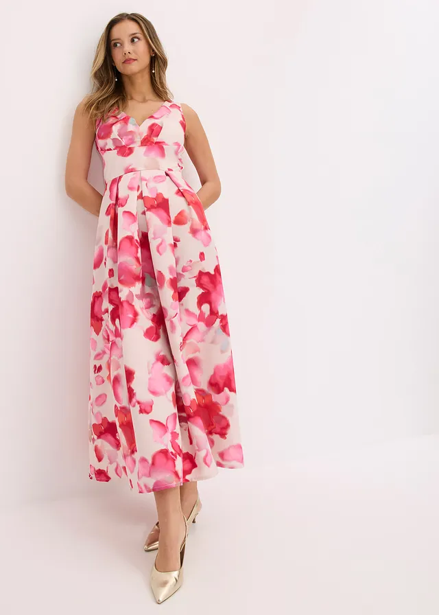 Robe longue en satin brillant, Couleur: blanc-rouge clair floral