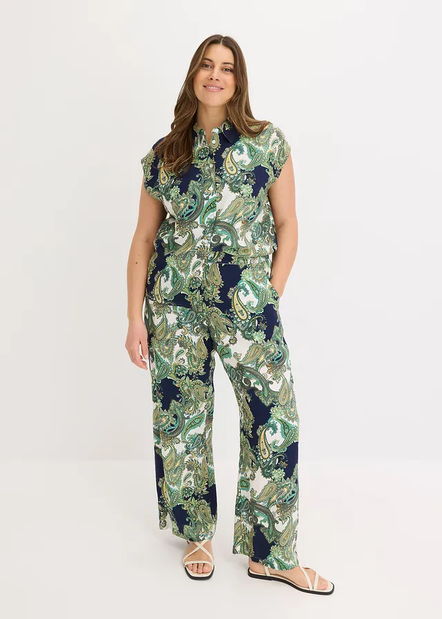 Chemisier imprimé en viscose fluide, Couleur: bleu foncé/blanc/vert clair paisley