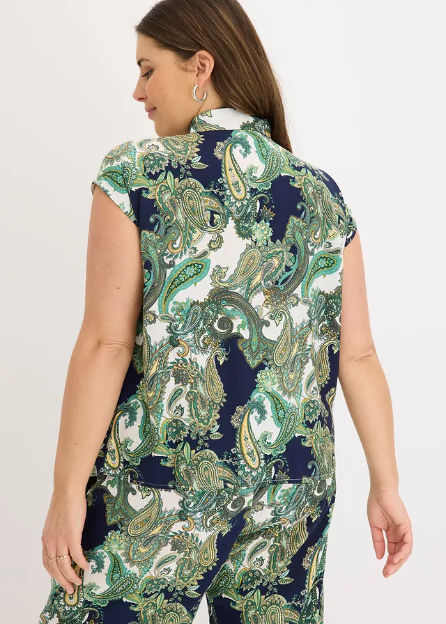 Chemisier imprimé en viscose fluide, Couleur: bleu foncé/blanc/vert clair paisley
