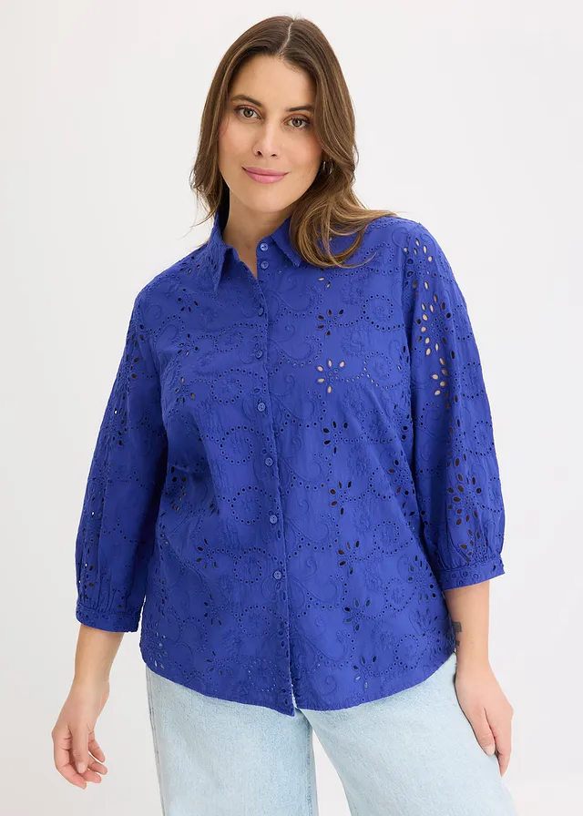 Blouse met broderie anglaise, Kleur: saffierblauw