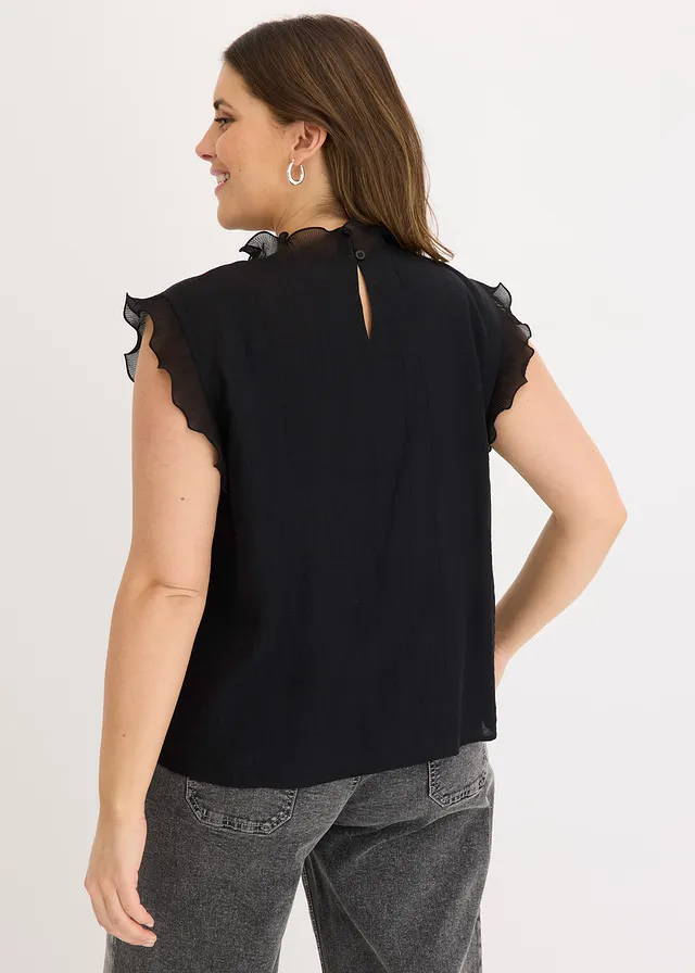 Blouse met volants, Kleur: zwart