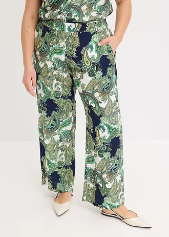 Kalhoty ze splývavé viskózy s potiskem, barva: tmavě modro-bílo-světle zelená s kašmírovým potiskem