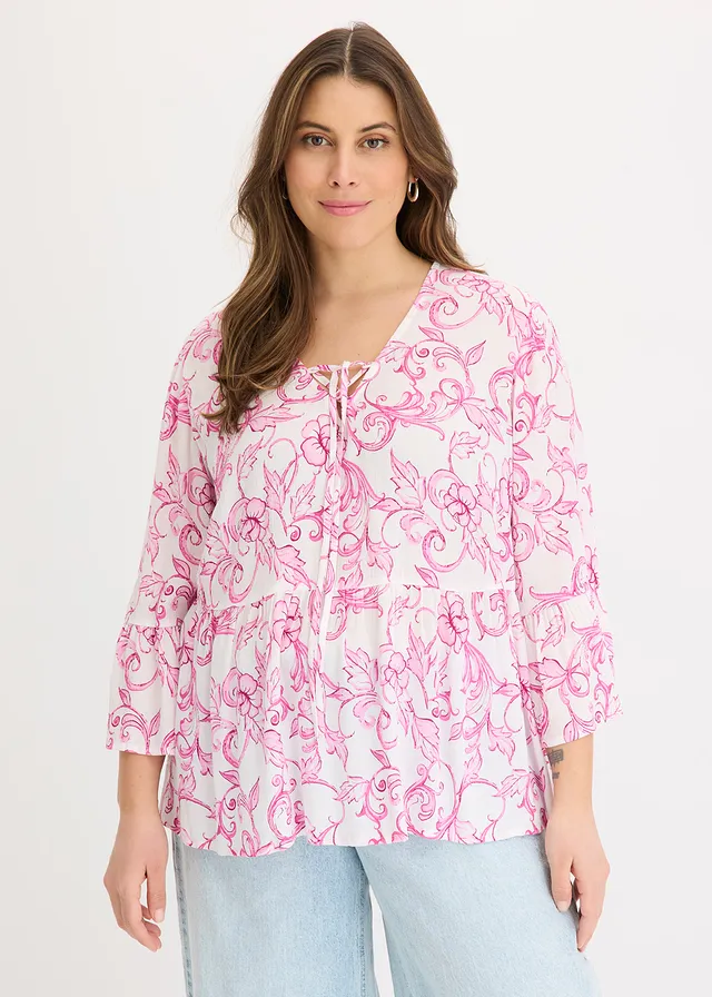 Blouse en viscose texturée, Couleur: blanc/rose floral