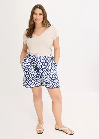 Jersey short van soepele viscose, Kleur: diepzeeblauw/wit gedessineerd