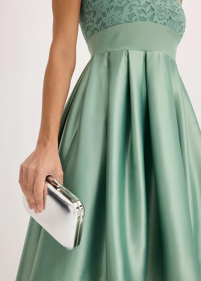 High-low jurk van glanzend satijn met kant • pastelgroen • product-page.page-title-suffix