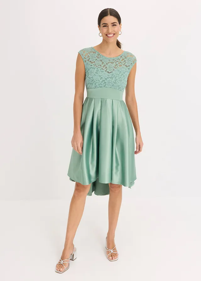 Robe courte devant, longue derrière en satin brillant avec dentelle, Couleur: vert pastel