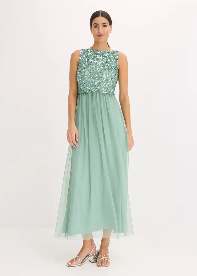Robe longue avec haut brodé de sequins, Couleur: vert pastel