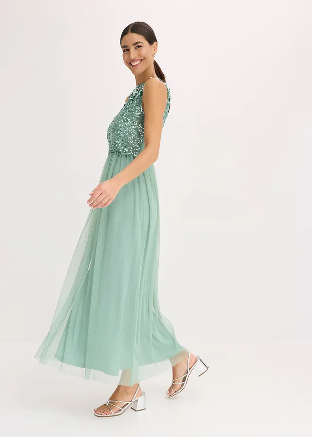 Robe longue avec haut brodé de sequins vert pastel