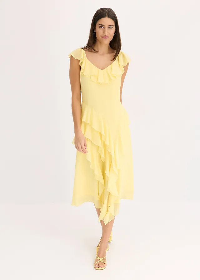Maxi chiffon jurk met bandjes en volants, Kleur: lichtgeel
