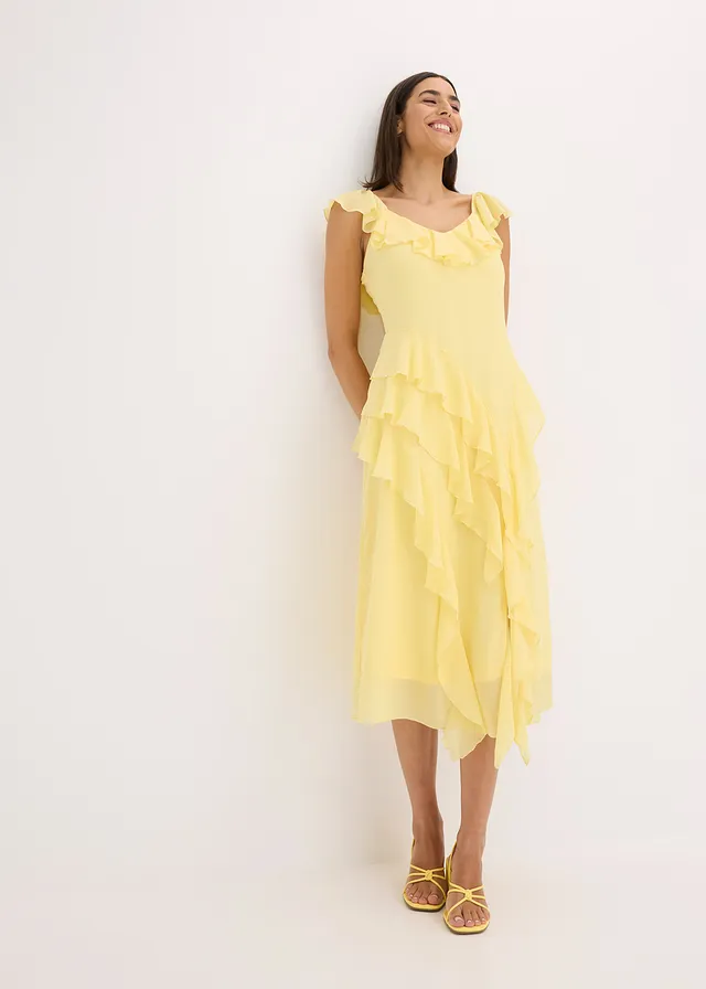 Maxi chiffon jurk met bandjes en volants, Kleur: lichtgeel