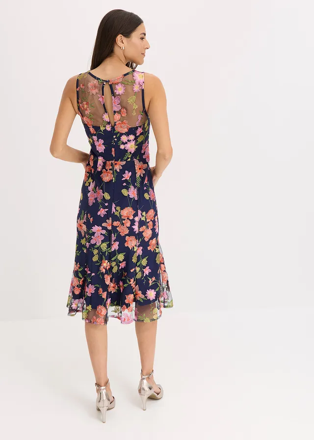 Midi jurk met bloemenborduursel, Kleur: donkerblauw gebloemd