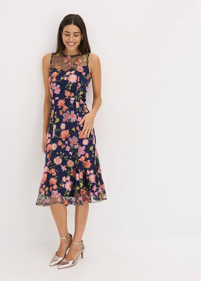 Midi jurk met bloemenborduursel, Kleur: donkerblauw gebloemd