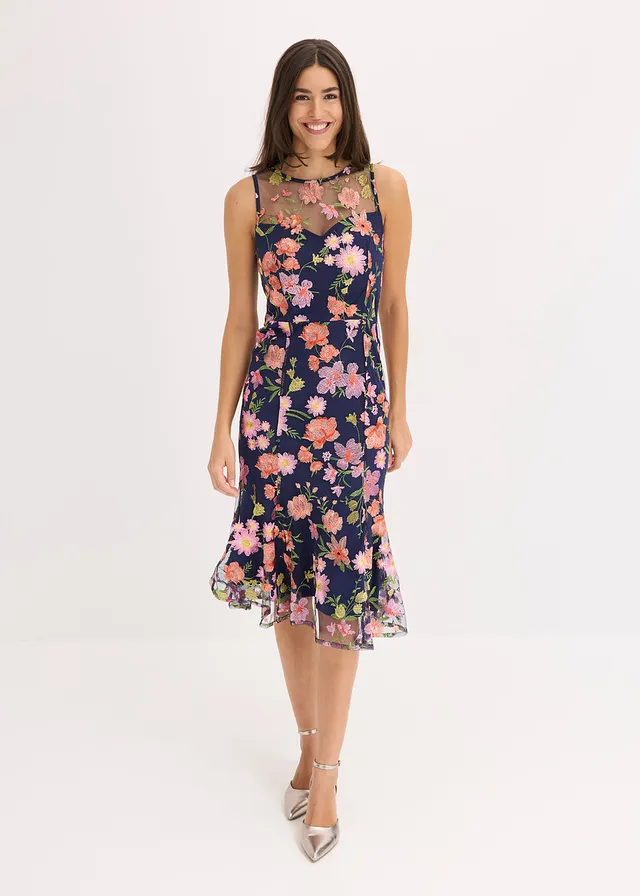 Midi jurk met bloemenborduursel, Kleur: donkerblauw gebloemd