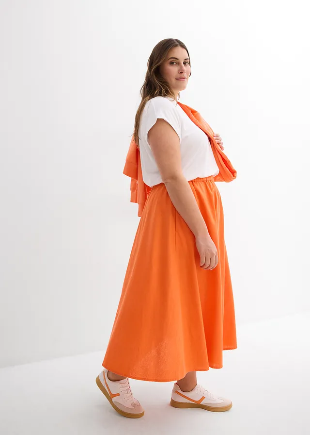Jupe midi en lin majoritaire, Couleur: mangue
