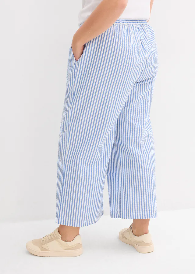 Pantalon palazzo en seersucker, longueur 7/8, Couleur: bleu glacier/écru