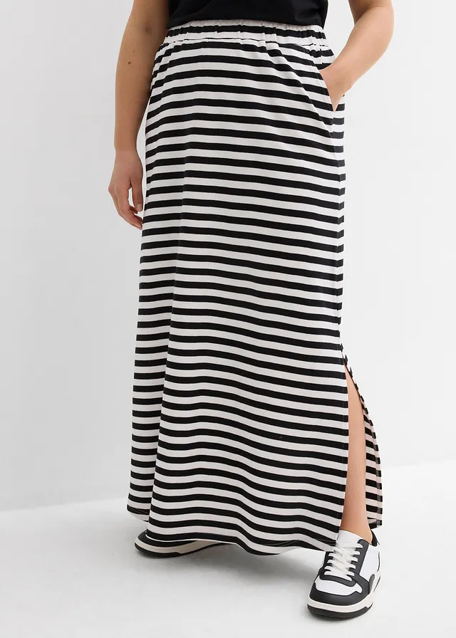 Jupe longue 100% coton, Couleur: noir/blanc cassé rayé
