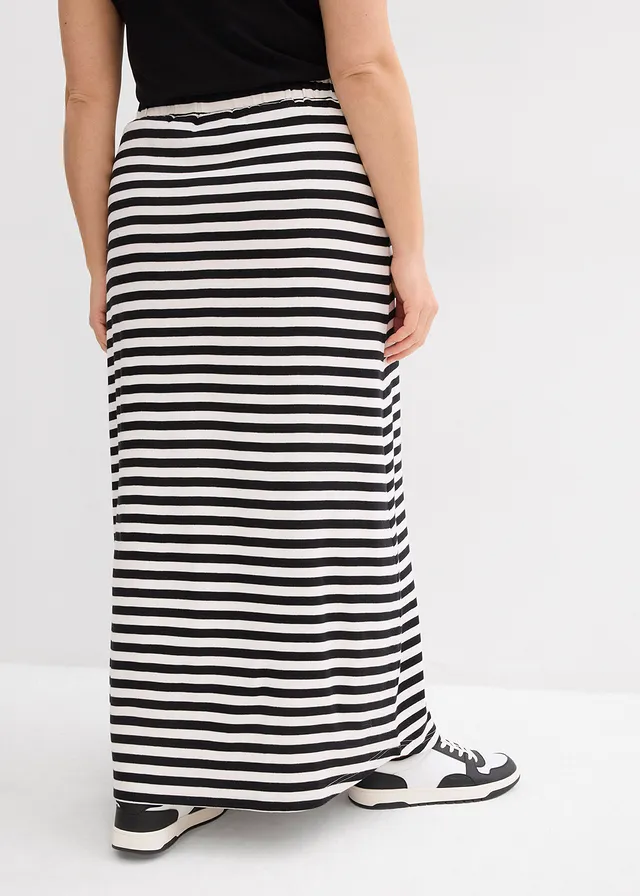 Jupe longue 100% coton, Couleur: noir/blanc cassé rayé