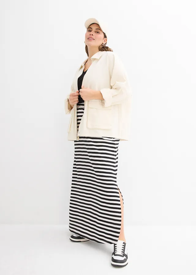 Jupe longue 100% coton, Couleur: noir/blanc cassé rayé