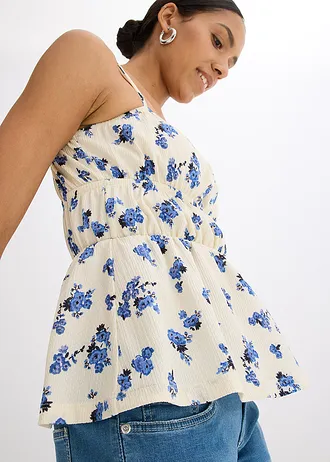 Top se špagetovými ramínky, ze strukturovaného krepu • přírodní bílá s květy • bonprix obchod