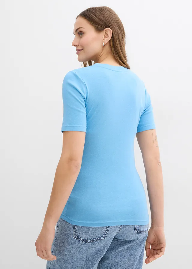Lot de 2 t-shirts de grossesse côtelés 100% coton, Couleur: bleu foncé + bleu layette