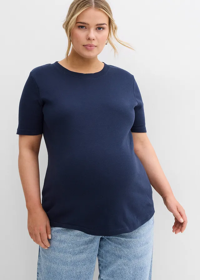 Lot de 2 t-shirts de grossesse côtelés 100% coton, Couleur: bleu foncé + bleu layette