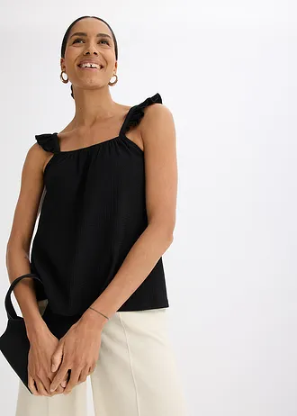 Top z dżerseju-krepy na ramiączkach z falbanami • czarny • sklep bonprix
