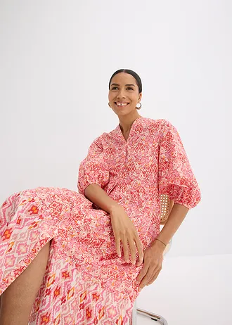 Midi ruha vékony pamutból • eperpiros-gyapjúfehér mintás • bonprix áruház