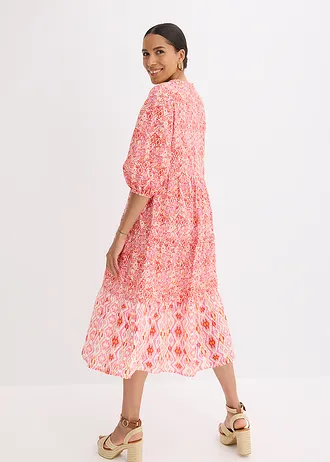 Midi jurk van licht katoen, Kleur: aardbeirood-wolwit gedessineerd