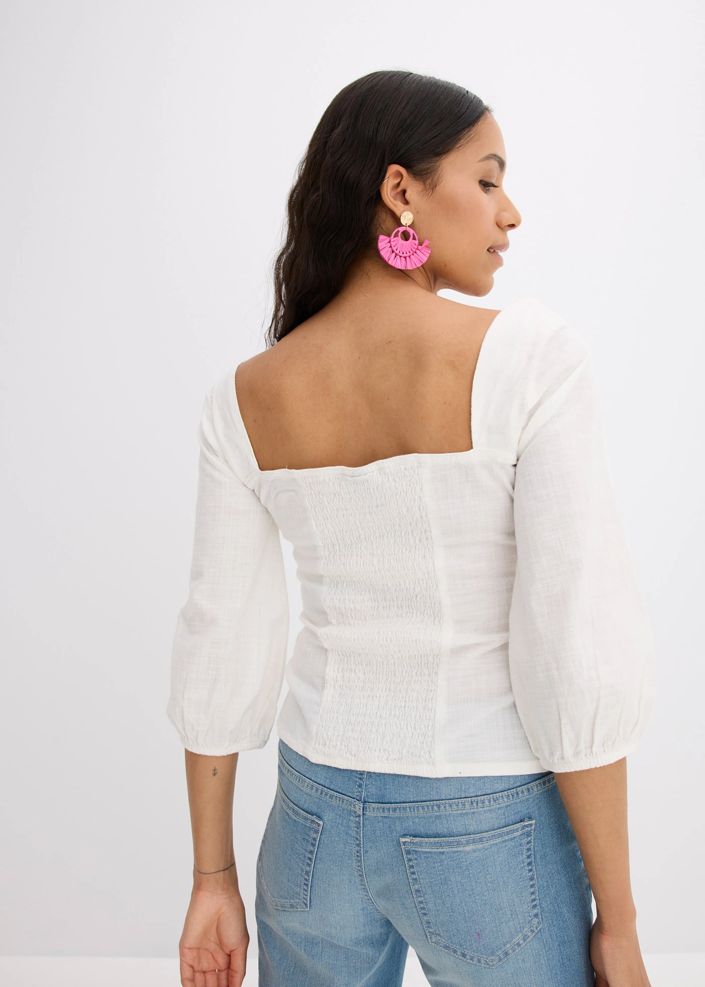 Blouse met pofmouwen en gesmokt detail • wolwit • bonprix online shop