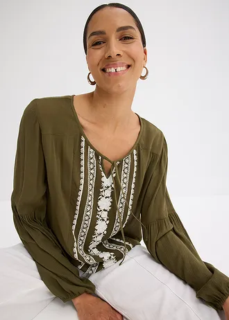 Blouse met borduursel • donkerolijfgroen-beige • bonprix online shop