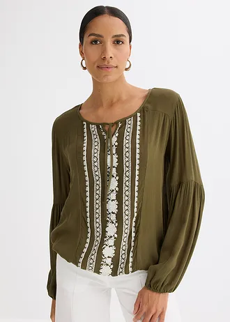 Blouse met borduursel • donkerolijfgroen-beige • bonprix online shop