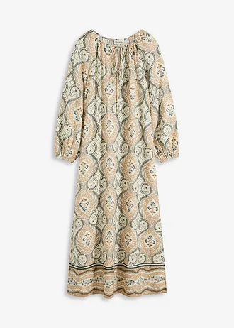 Gedessineerde kaftan jurk van vloeiende viscose, Kleur: sand gedessineerd