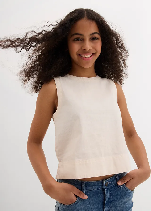 Blousetop van linnenmix, Kleur: natuurbeige
