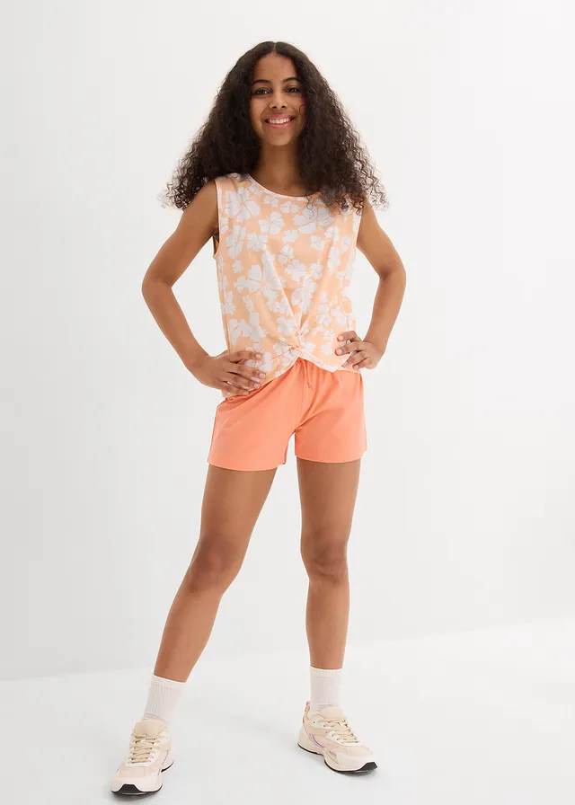 Top en korte broek van een katoenmix (2-dlg. set), Kleur: melba-wit-zalmkleur gebloemd