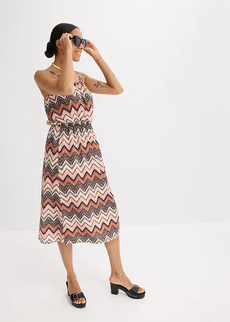 Jurk met spaghettibandjes, Kleur: wolwit-bruin gedessineerd