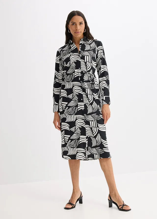 Robe-chemise légère en lin majoritaire, Couleur: noir-blanc cassé
