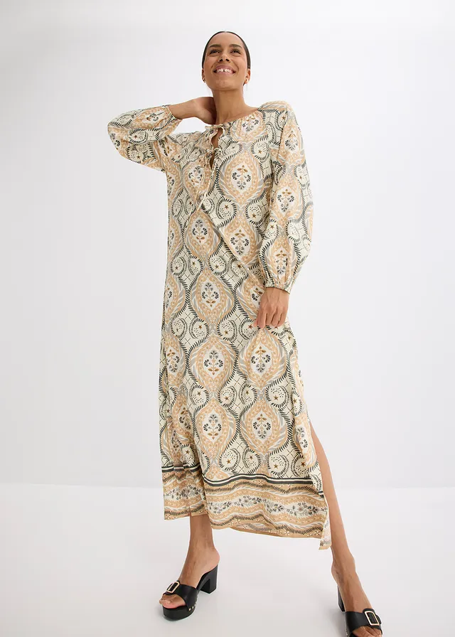 Robe caftan imprimée en viscose fluide, Couleur: sable imprimé