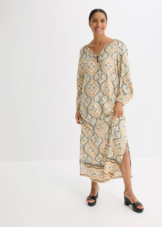 Robe caftan imprimée en viscose fluide, Couleur: sable imprimé