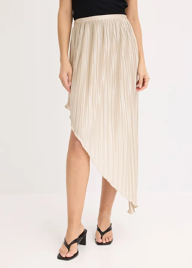 Plissé rok van glanzend satijn, Kleur: champagnekleur