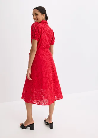 Halenkové šaty s dírkovanou výšivkou, z čisté bavlny, barva: sytě červená