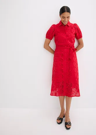Halenkové šaty s dírkovanou výšivkou, z čisté bavlny, barva: sytě červená