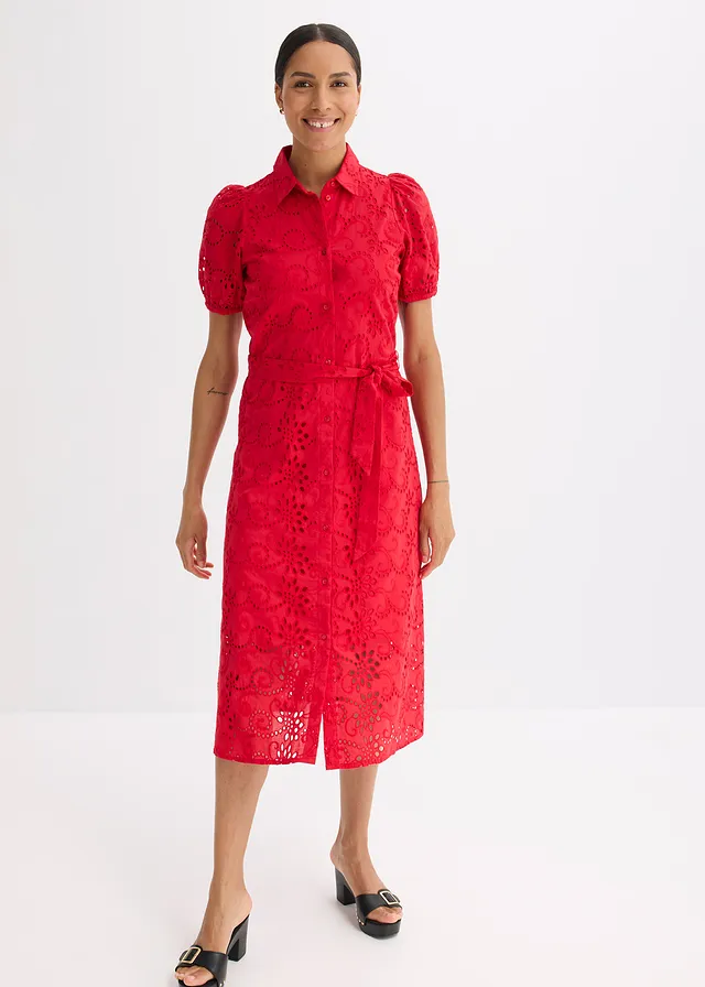 Robe chemise en broderie anglaise, 100% coton, Couleur: rouge profond