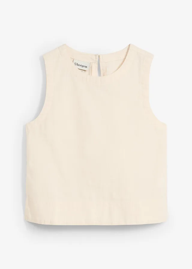 Blousetop van linnenmix, Kleur: natuurbeige