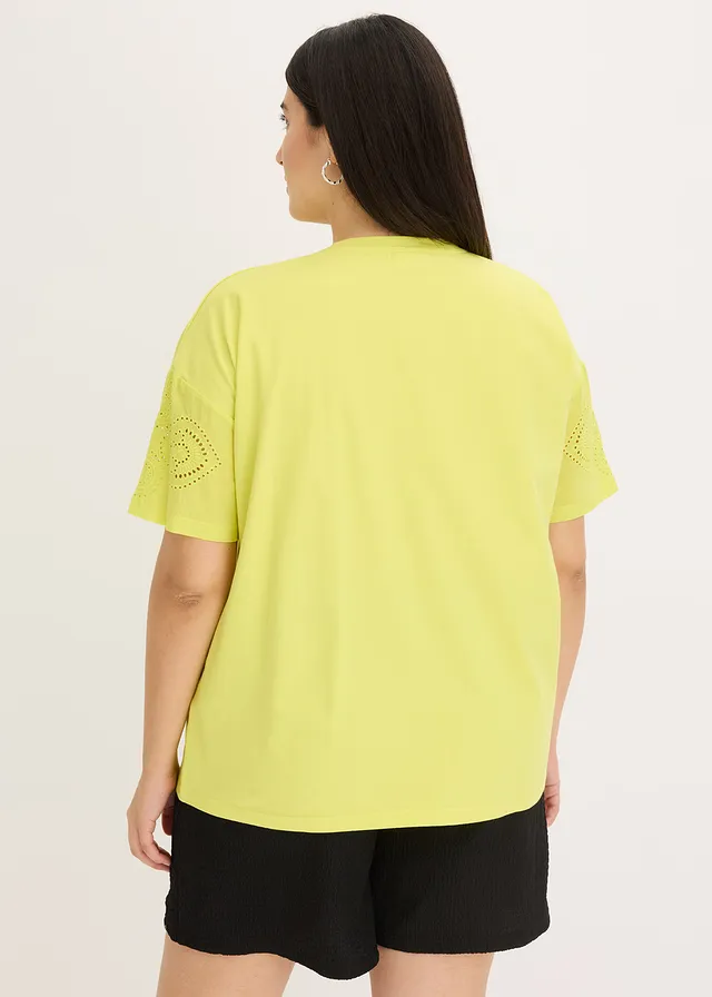 T-shirt met broderie anglaise, Kleur: citrusgeel