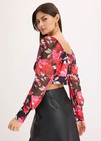 Halenkový top, zkrácený • černá s květy • bonprix obchod