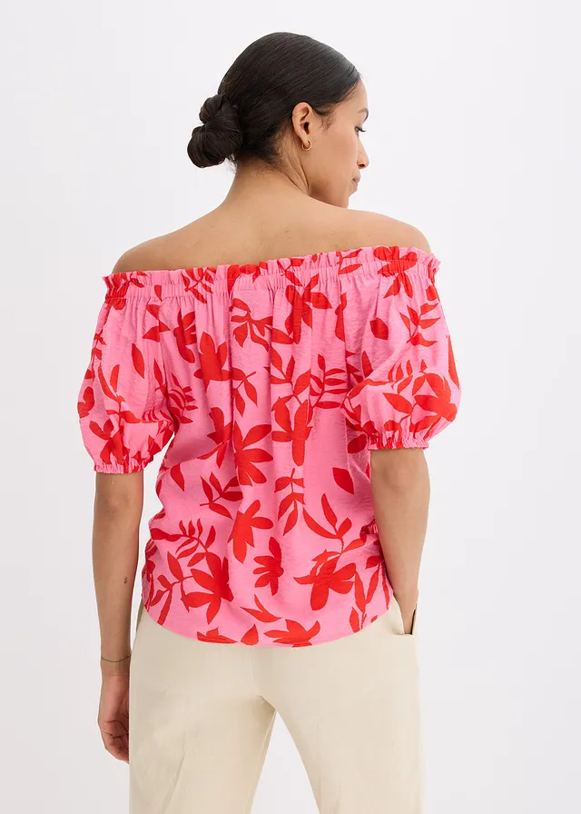 Gedessineerde Carmen blouse van een fijne viscosemix, Kleur: rood-pink gebloemd