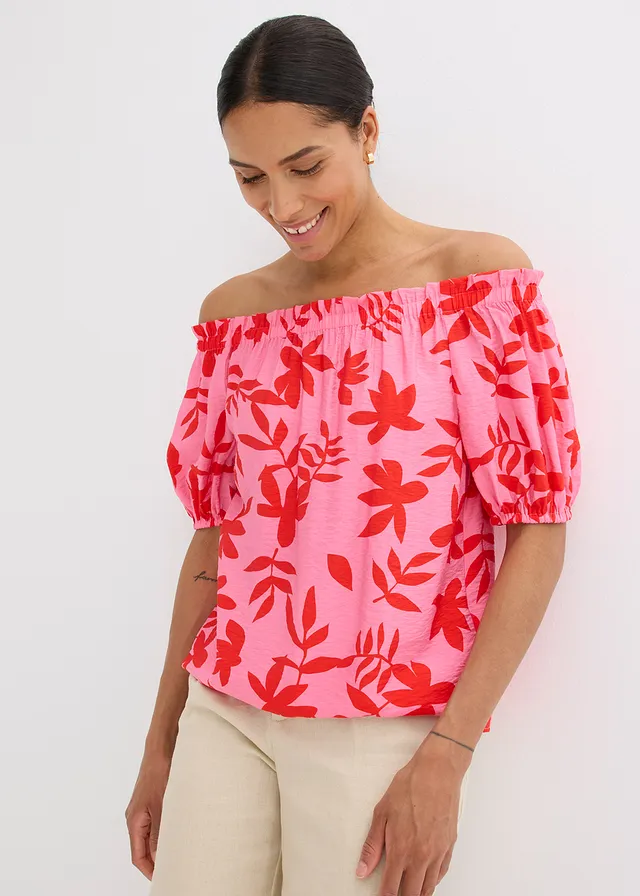 Gedessineerde Carmen blouse van een fijne viscosemix, Kleur: rood-pink gebloemd