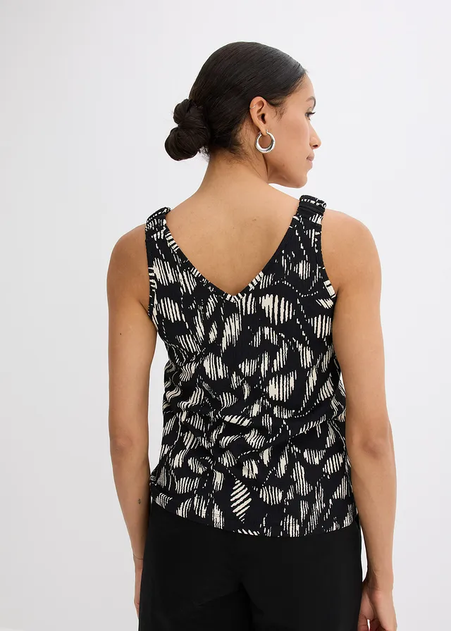 Top imprimé en jersey texturé, Couleur: noir-blanc floral