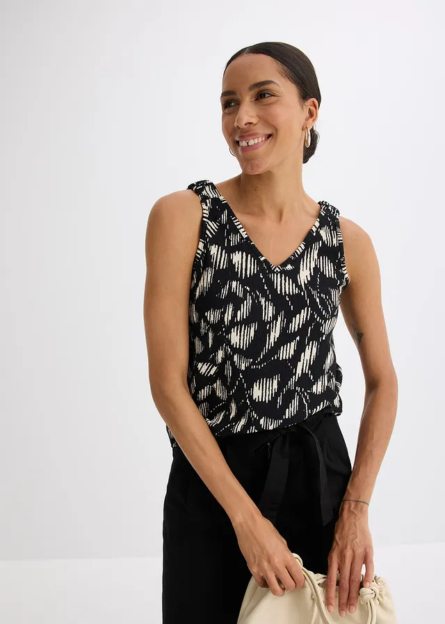 Gedessineerde top van gestructureerde jersey, Kleur: zwart-wit gebloemd